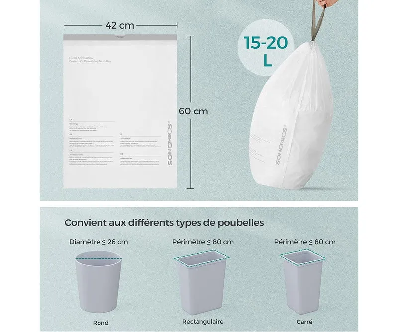 Lot de 40 sacs poubelle avec cordon de serrage 42 x 60 cm capacité 20L usage cuisine en plastique blanc 12_0010184