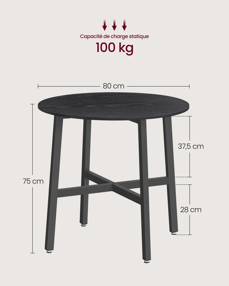 Table à manger ronde style industriel 80 x 75 cm pour salon bureau finition rustique en aggloméré noir 12_0009875