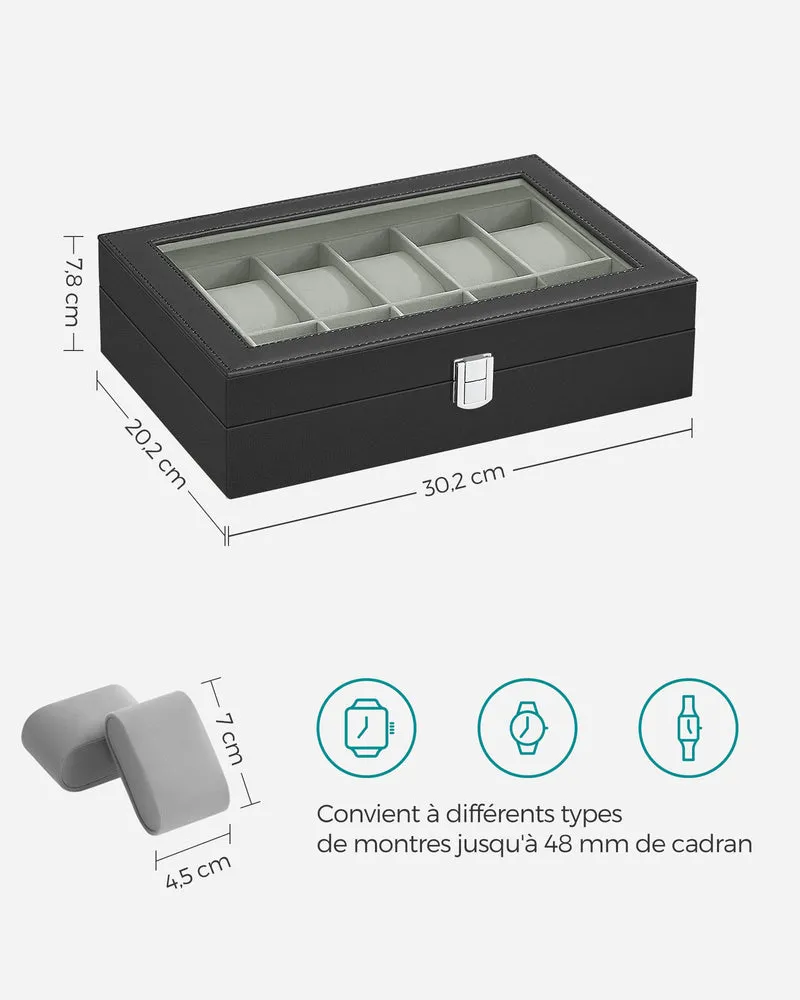 Boîte à montres avec 12 compartiments coffre verrouillable 32 x 18,6 x 8,5 cm protection optimale en cuir synthétique noir