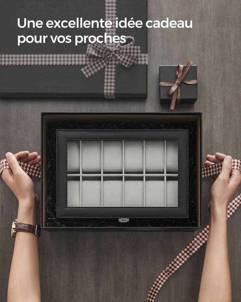 Boîte à montres avec 12 compartiments coffre verrouillable 32 x 18,6 x 8,5 cm protection optimale en cuir synthétique noir