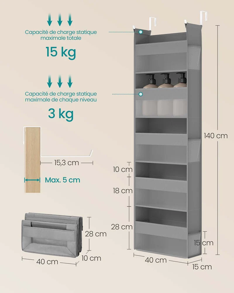 Étagère suspendue polyvalente pour porte 15 x 40 x 140 cm capacité de 15 kg style moderne en tissu gris tourterelle 12_0012479