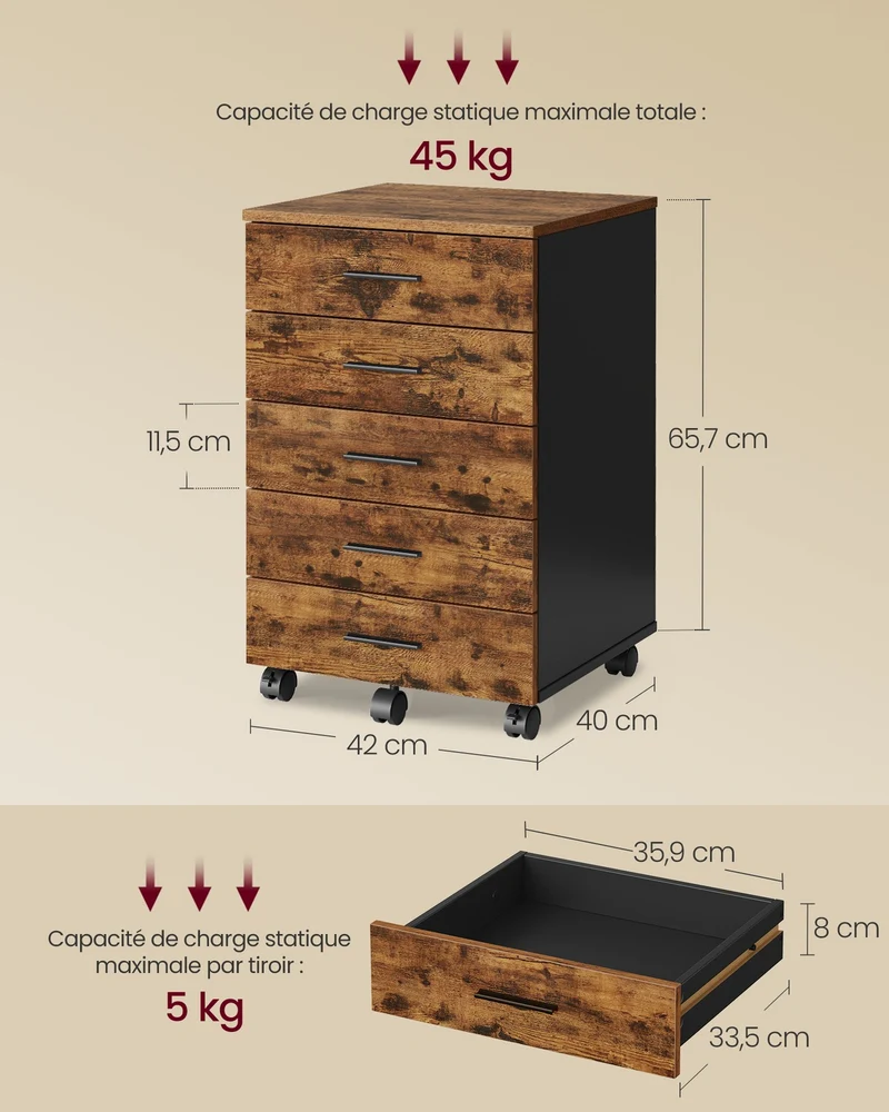 Caisson de bureau à roulettes rangement 40 x 42 x 65,7 cm pratique et élégant style rustique en aggloméré marron 12_0012109
