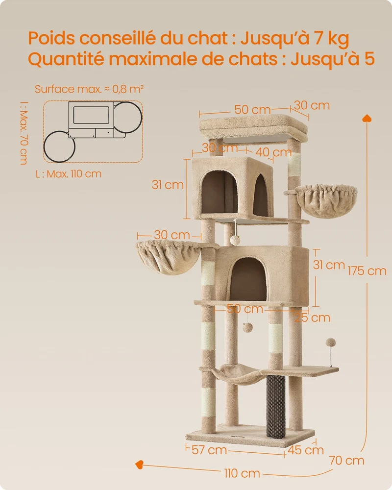 Arbre à chat multi-niveaux 55 x 43 x 174 cm avec 2 niches 5 griffoirs confort peluche en aggloméré marron camel 12_0011219