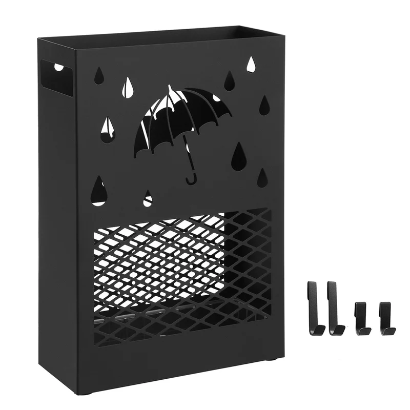Porte-parapluies rectangulaire avec réceptacle d'eau amovible 28 x 12 x 41 cm pour entrée bureau style moderne en acier noir 12_0011054