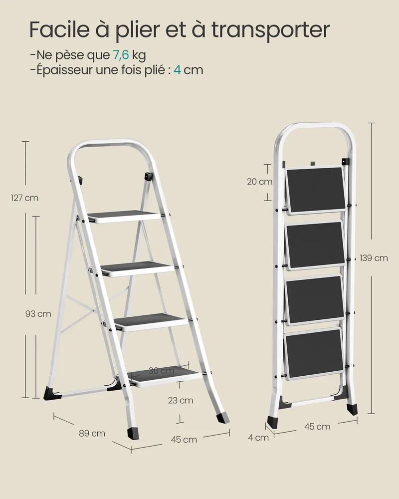 Échelle marchepied pliante 2 marches antidérapant 89 x 45 x 127 cm usage intérieur extérieur style moderne en acier blanc 12_0008235