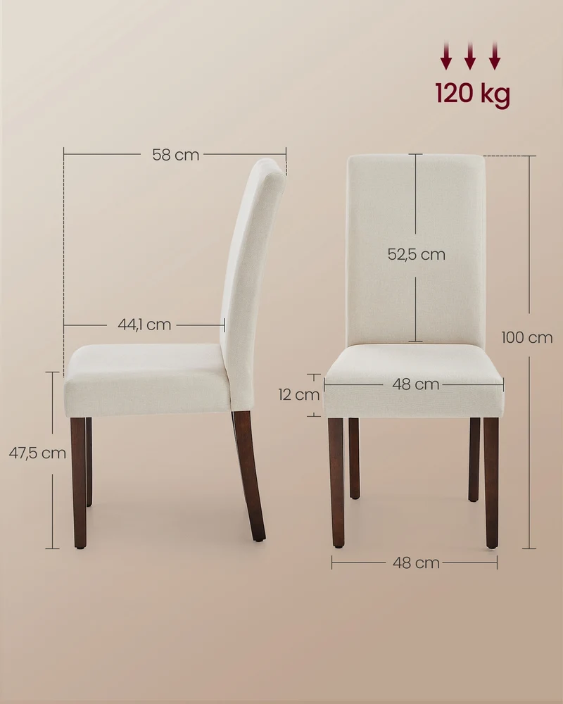 Lot de 6 chaises de salle à manger haut dossier assise épaisse 58 x 48 x 100 cm en bois d'hévéa blanc crème 12_0012802