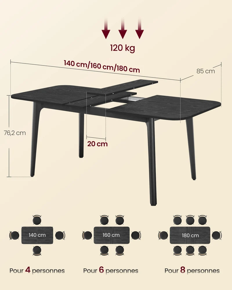 Table de salle à manger extensible moderne 85 x 140/160/180 x 76,2 cm design épuré en aggloméré noir 12_0012526