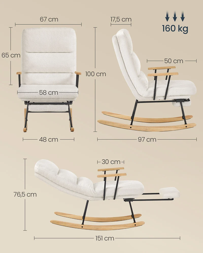 Fauteuil à bascule dossier réglable 97 x 67 x 100 cm confort assise ergonomique style contemporain en tissu peluche blanc crème 12_0012986