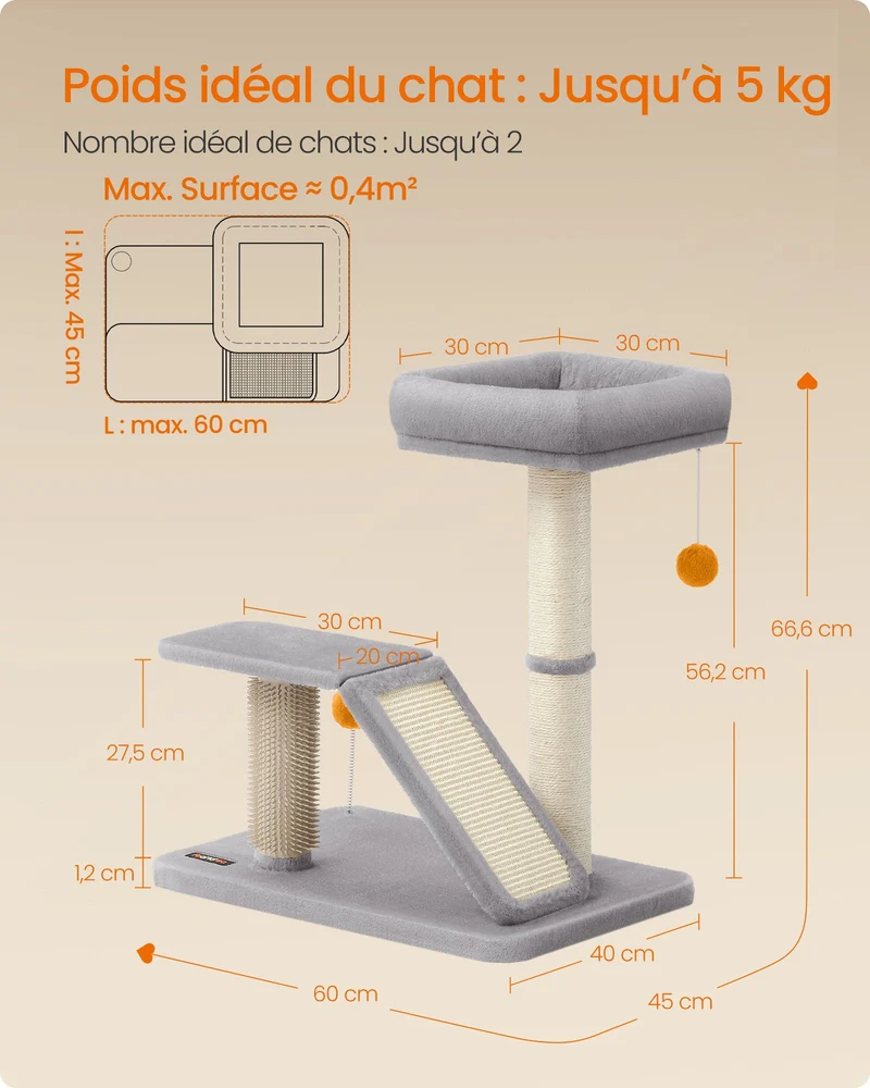Griffoir multifonctionnel avec rampe de grattage et perchoir pour chat d'intérieur 60 x 45 x 66,6 cm en panneau d'aggloméré gris clair 12_0011961
