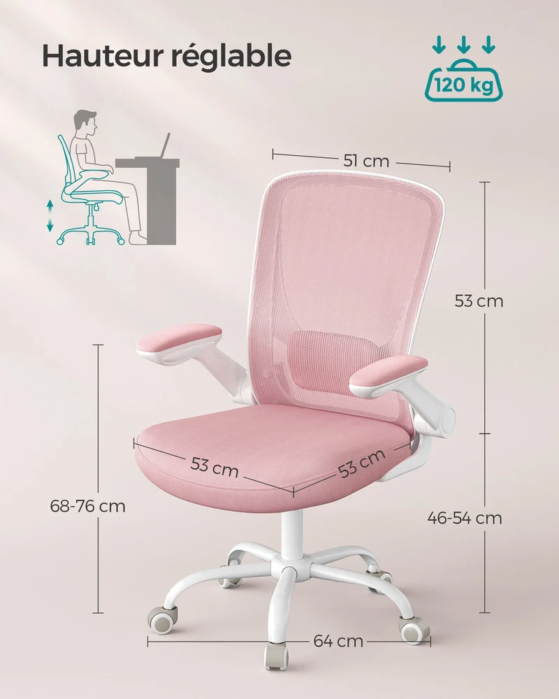 Chaise de bureau ergonomique pivotante réglable hauteur 64 x 64 x 107 cm couleur rose bonbon en plastique 12_0009936