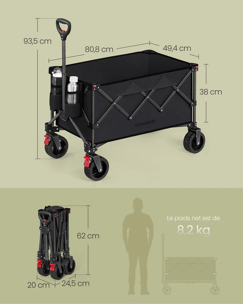 Chariot pliable pour extérieur 49,4 x 80,8 x 93,5 cm capacité 150 L 4 roues amovibles ergonomique en acier noir 12_0012842