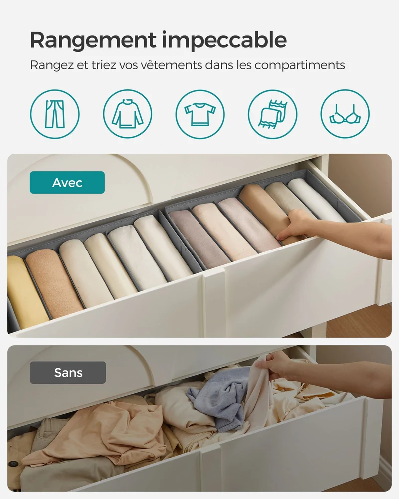 Lot de 4 organisateurs à 6 compartiments rangement vêtements 42 x 30 x 17 cm en tissu non-tissé gris tourterelle 12_0011017