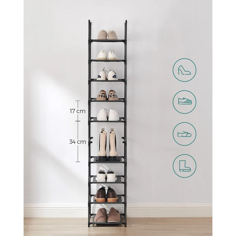 Étagère à chaussures 10 niveaux espace gain de place 33 x 33 x 173 cm style contemporain en métal noir 12_0010583