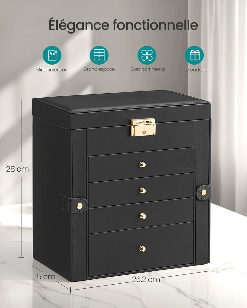 Boîte à bijoux grand modèle avec miroir 15 x 26,2 x 28 cm pour rangement élégant tendance en PU noir 12_0009417