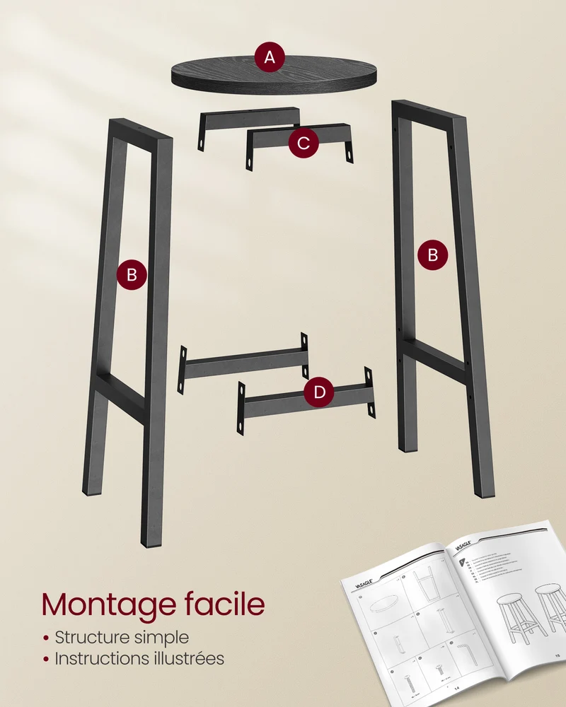 Tabourets hauts lot de 4 chaises de bar siège de cuisine cadre en acier hauteur 65 cm montage facile style industriel marron rustique et noir 12_0007766