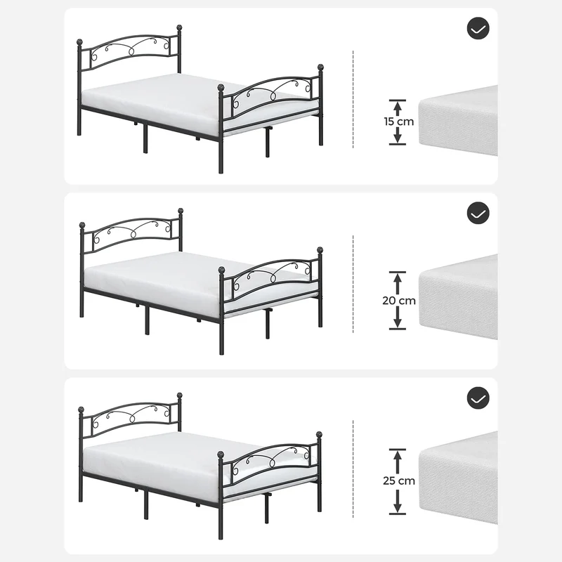 Lit 2 personnes en métal cadre de lit 2 places pour matelas de 140 cm x 190 cm lit d'invité pour adulte adolescent montage facile noir 12_0006129