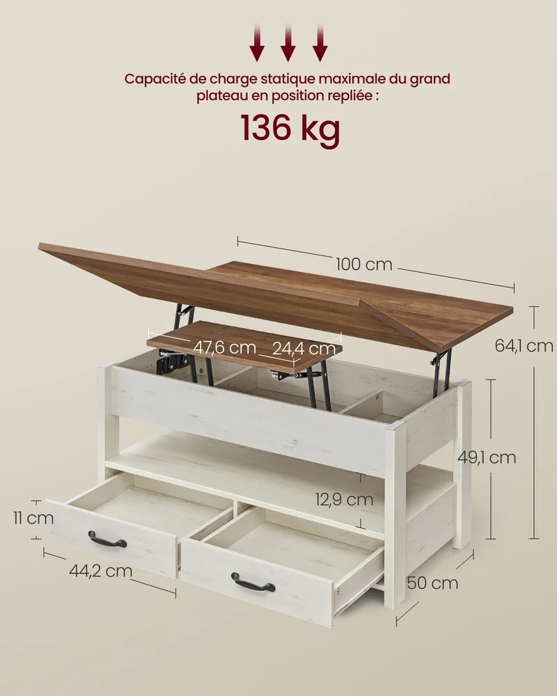 Table basse relevable avec 2 tiroirs et 3 compartiments pour salon bureau 50 x 100 x 49,1/64,1 cm en aggloméré marron miel 12_0012467