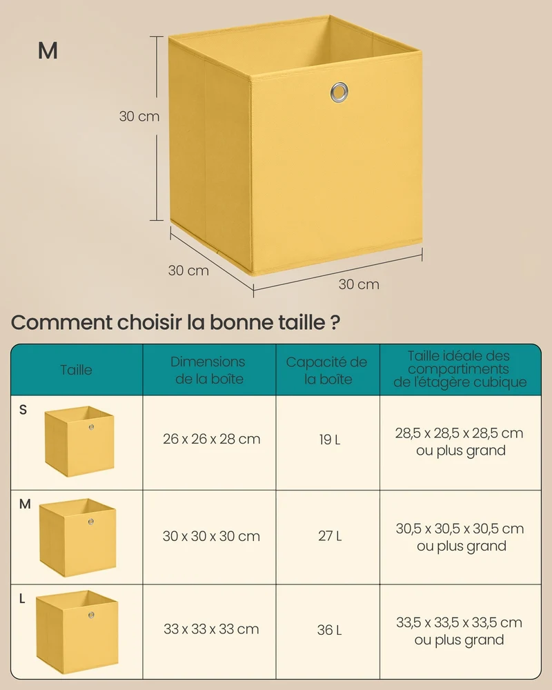 Lot de 6 boîtes de rangement pliables 30 x 30 x 30 cm pour organisateur de chambre salon en tissu doré clair 12_0012359