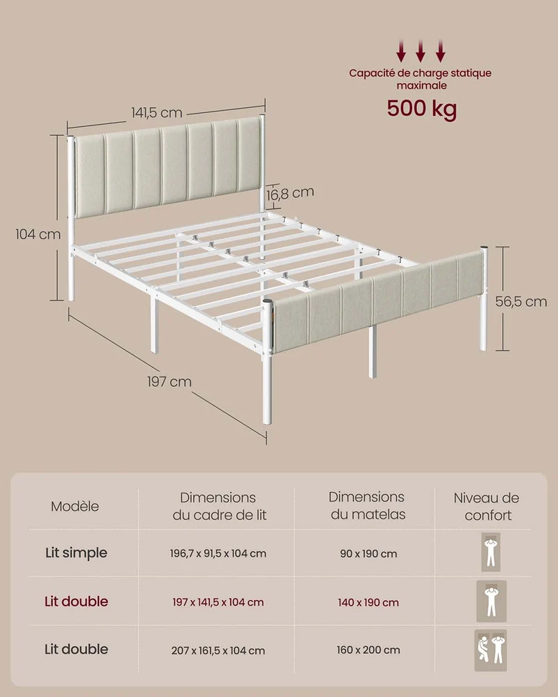 Lit simple avec tête de lit rembourrée 197 x 141,5 x 104 cm montage facile style contemporain en acier beige cappuccino 12_0012115