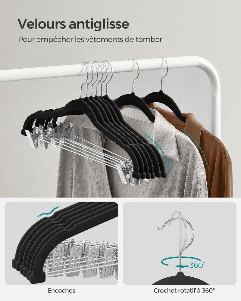 Lot de 12 cintres en velours gain de place 42,5 x 23,5 cm pour costumes manteaux adaptés en plastique noir 12_0010330