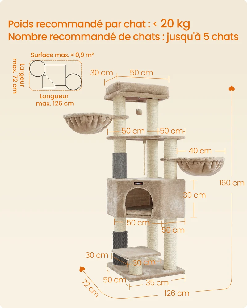 Arbre à chat grand et stable avec niches hamacs poteaux à griffer 50 x 50 x 160 cm en plastique beige clair 12_0010286