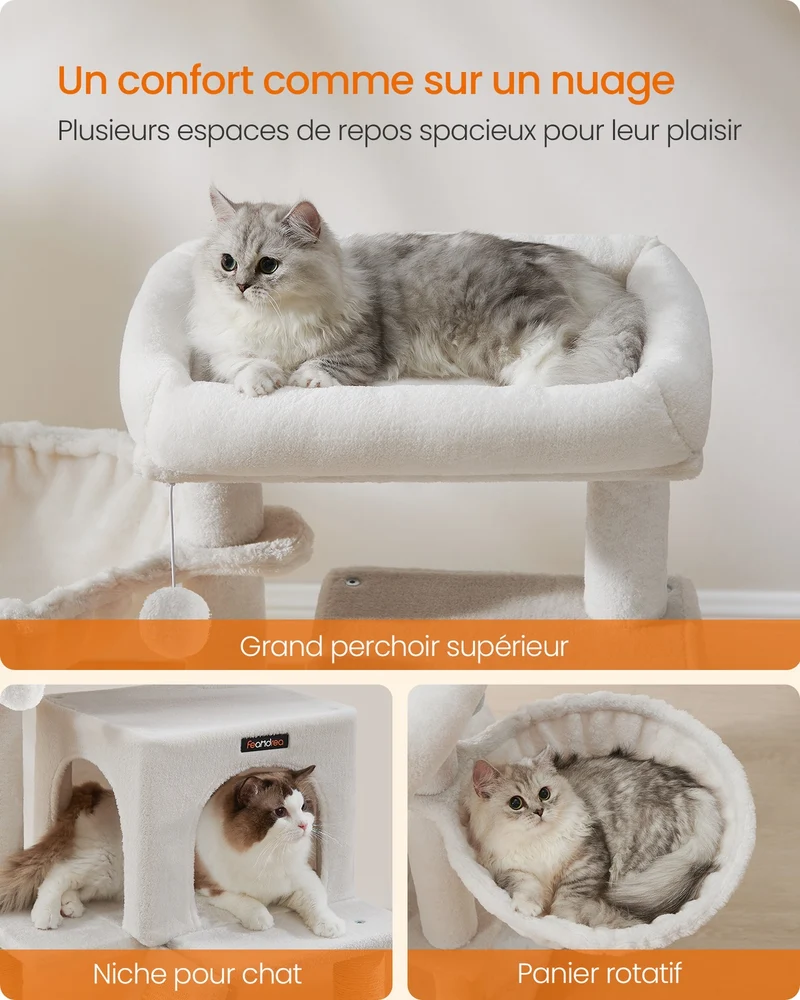 Arbre à chat avec planche à gratter 48 x 48 x 96 cm design moderne confort et jeu en aggloméré blanc crème 12_0008987