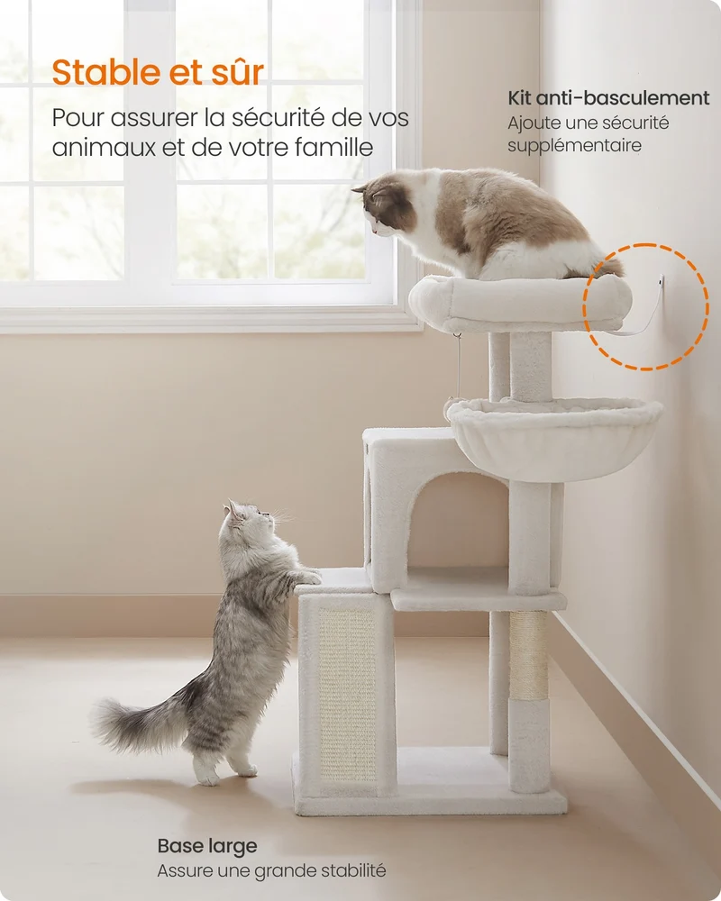 Arbre à chat avec planche à gratter 48 x 48 x 96 cm design moderne confort et jeu en aggloméré blanc crème 12_0008987