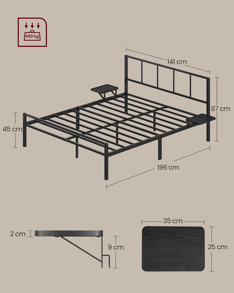 Lit double lit 2 personnes cadre de lit en métal avec étagères de rangement lit adolescent adapté pour matelas 190 x 140 cm montage facile noir classique 12_0006153