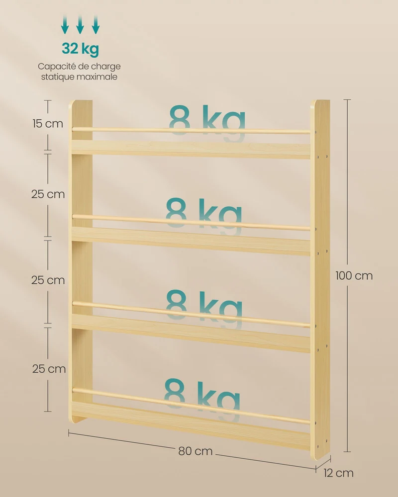 Étagère murale à 4 niveaux pour chambre d'enfant 12 x 80 x 100 cm capacité de charge 8 kg style naturel en MDF blanc 12_0012967