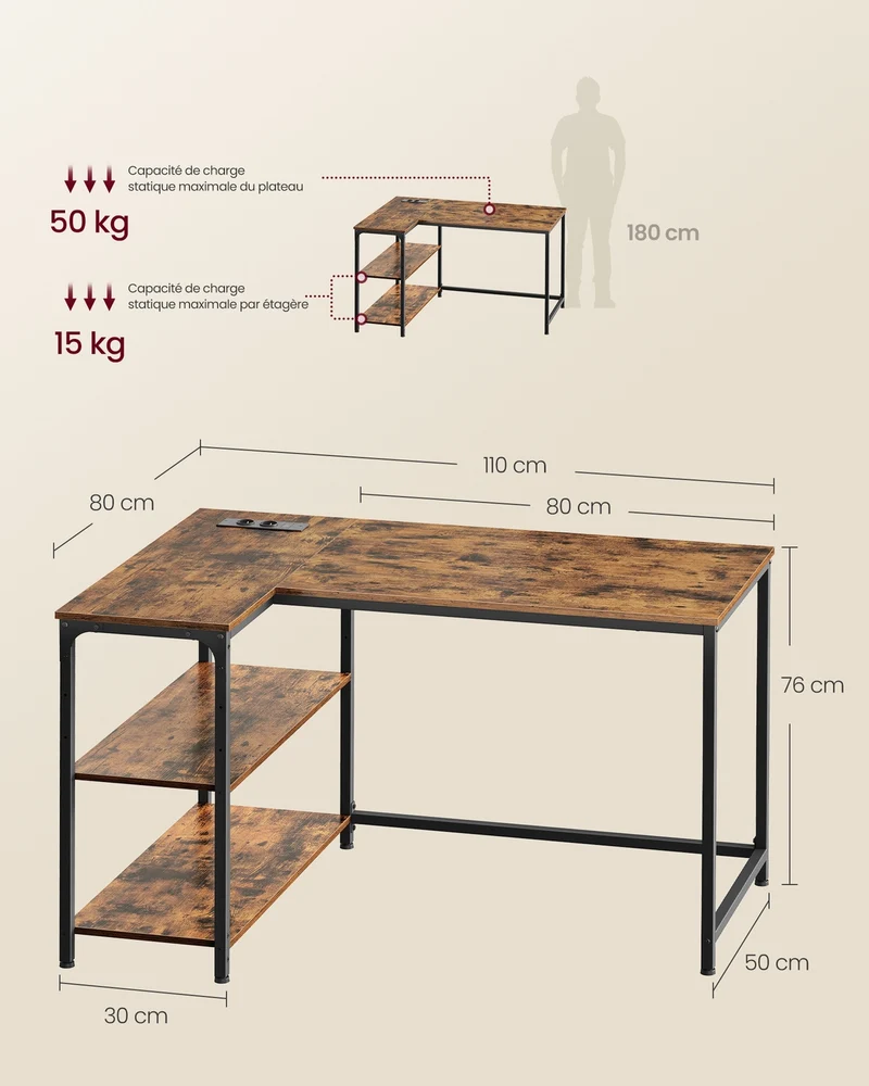 Bureau gaming en L avec rangement réglable 110 x 80 x 76 cm ambiance moderne en panneau d’aggloméré marron rustique 12_0012869
