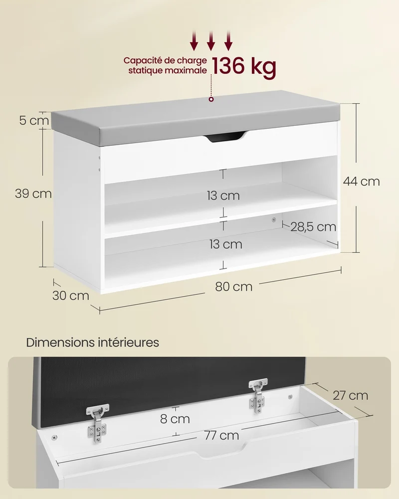 Banc à chaussures avec assise rembourrée et 3 compartiments 30 x 80 x 44 cm pour entrée moderne en aggloméré blanc 12_0011737