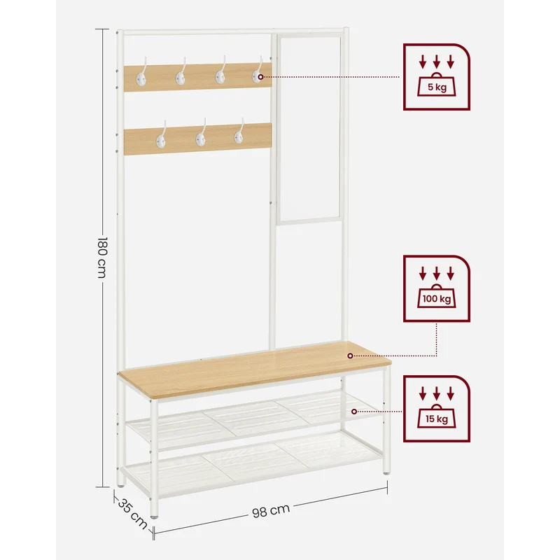 Meuble d'entrée avec miroir et banc 35 x 98 x 180 cm style industriel rangement pratique en aggloméré marron 12_0010567