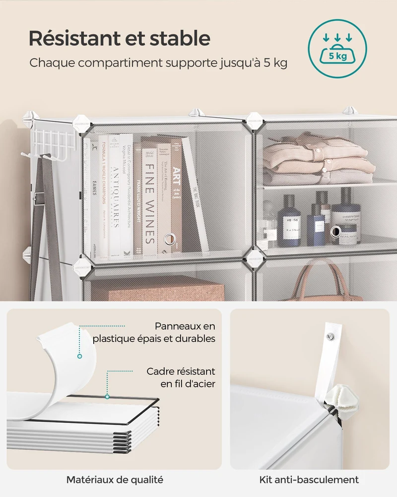 Etagère de rangement modulable 32 x 83 x 63 cm 6 compartiments capacité 32 kg style moderne en plastique blanc 12_0010554