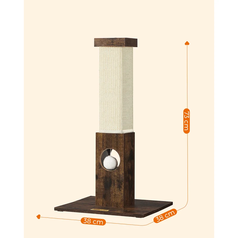 Griffoir pour chat stable avec pompon 38 x 38 x 73 cm ambiance cosy en aggloméré marron rustique 12_0010526