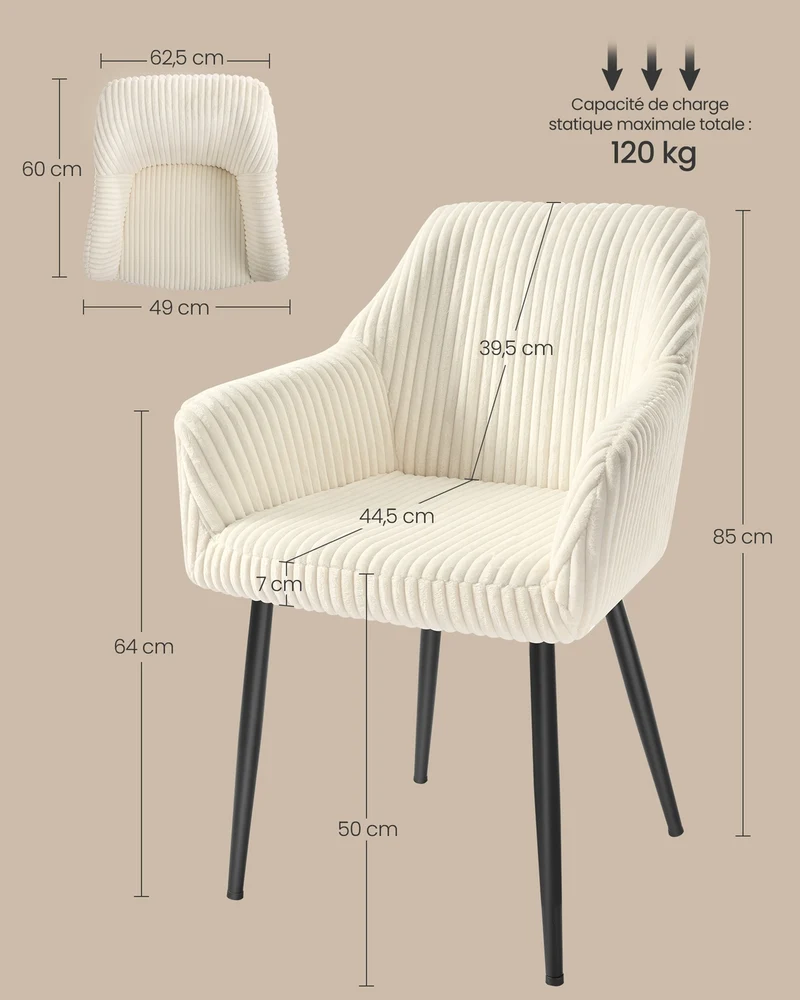 Chaise de salle à manger fauteuil rembourré confort ergonomique 60 x 62,5 x 85 cm en velours gris 12_0009988