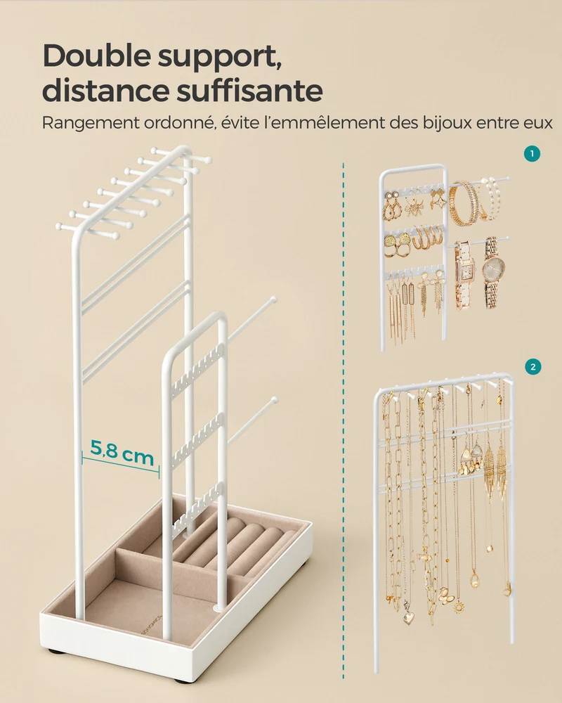 Porte-bijoux organisateur pour colliers bracelets boucles d'oreilles 11,5 x 19,6 x 30,8 cm en métal blanc 12_0010268