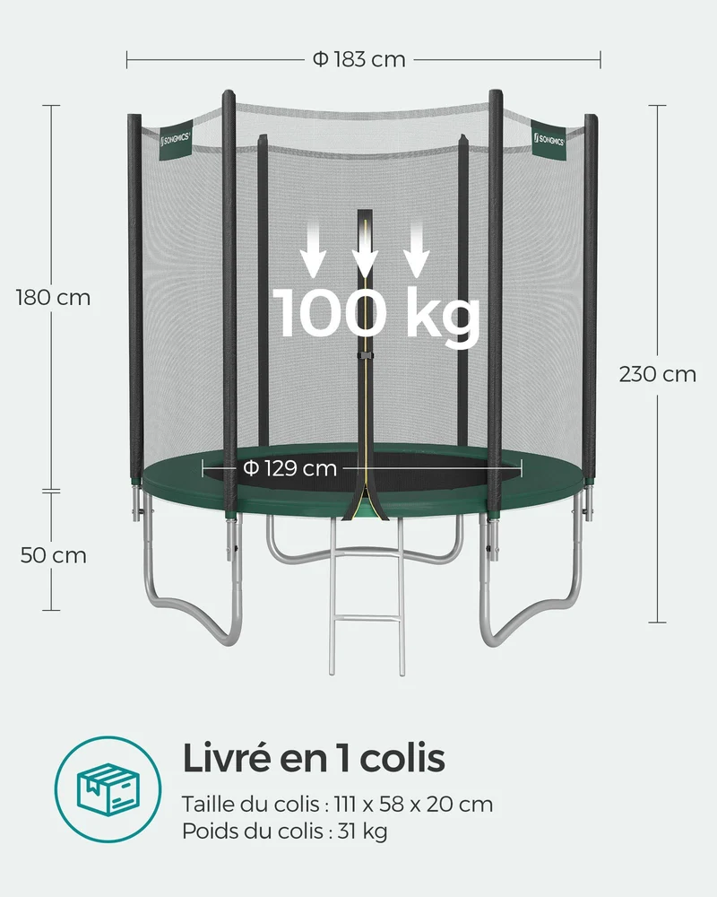 Trampoline extérieur rond avec filet de sécurité et coussins de protection 183 x 50 cm usage jardin ambiance ludique en PVC noir 12_0010677