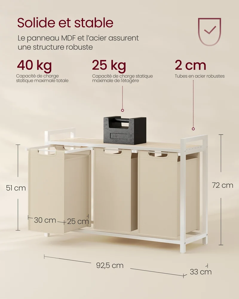 Panier à linge avec étagère 92,5 x 33 x 72 cm rangement pratique tissu Oxford style rustique en MDF beige cappuccino 12_0010226