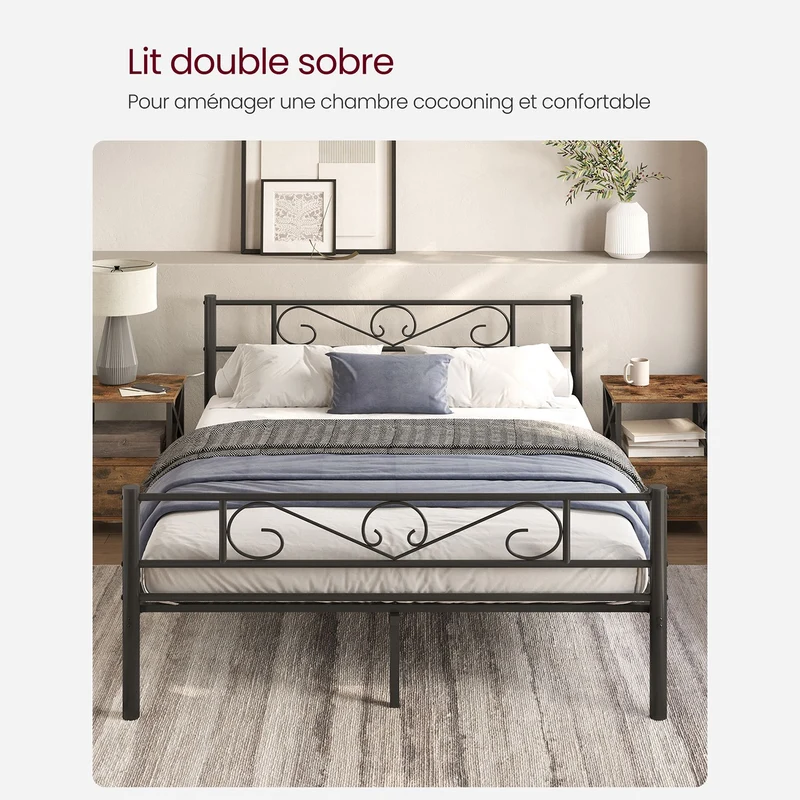 Lit double moderne pour petits espaces 207,6 x 161,8 x 86,4 cm montage facile en métal noir 12_0010091