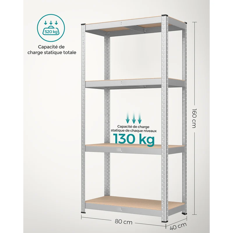 Étagère de rangement à 4 niveaux pour garage 40 x 80 x 160 cm capacité 520 kg design moderne en acier argent 12_0010285