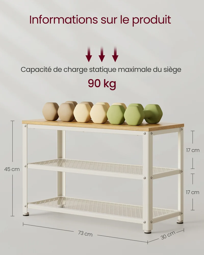 Banc à chaussures avec étagère 30 x 73 x 45 cm pour entrée style industriel finition mate en panneaux d'aggloméré noir 12_0009908