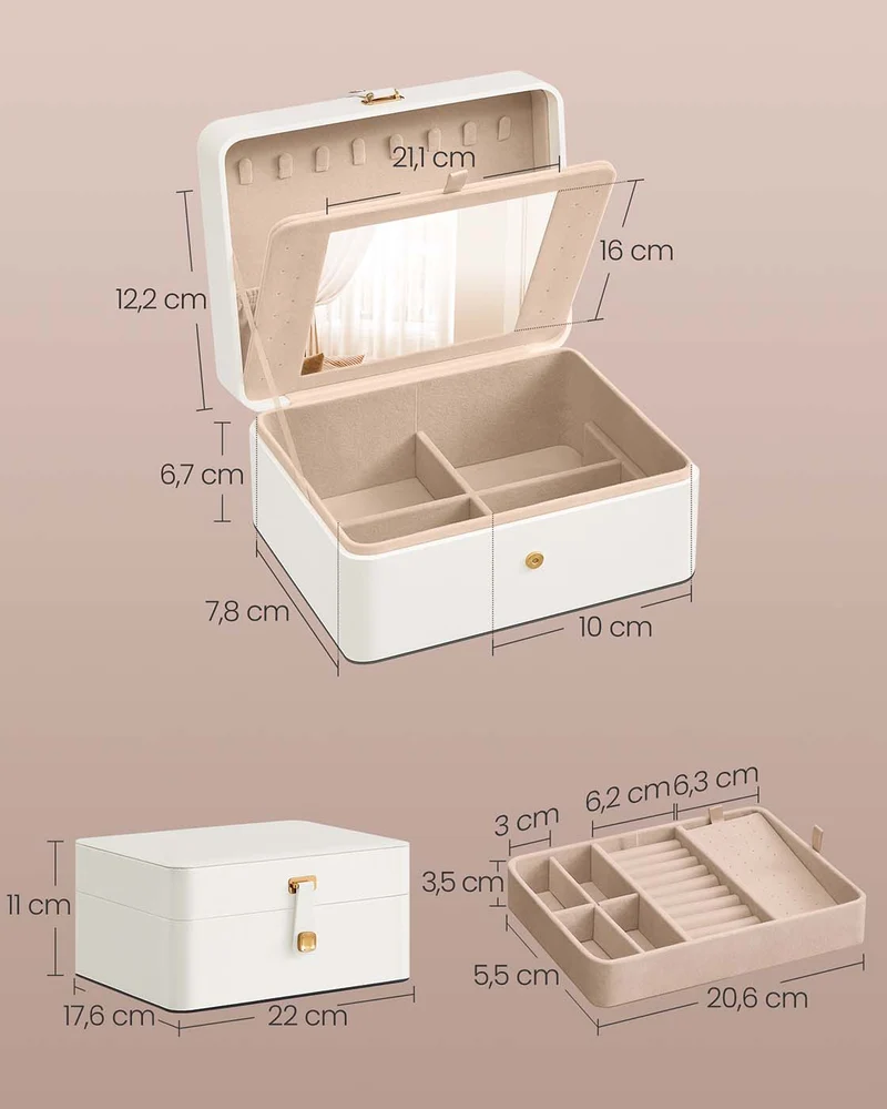 Boîte à bijoux de voyage avec miroir 17,6 x 22 x 11 cm pratique rangement 2 niveaux style moderne en MDF blanc 12_0012888