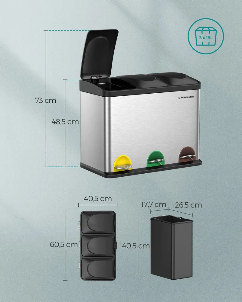 Poubelle de cuisine tri sélectif 60 x 33 x 48 cm avec 3 compartiments ergonomiques design contemporain en acier inoxydable gris 12_0008796