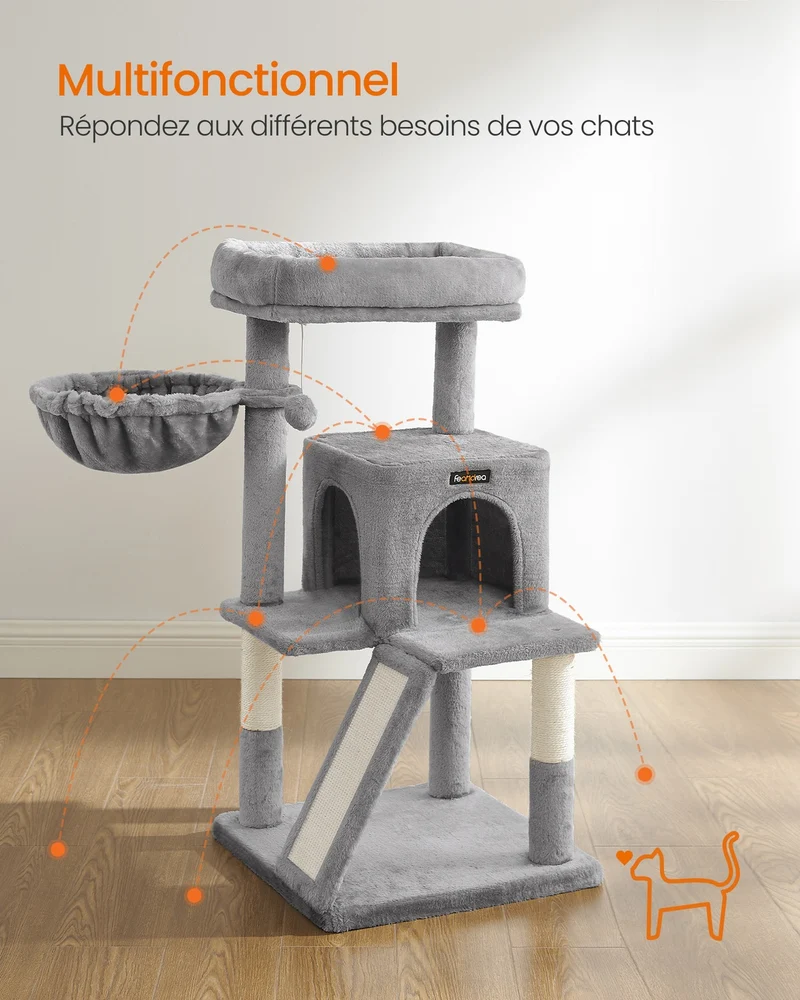 Arbre à chat avec planche à gratter hamac et grotte 48 x 48 x 96 cm en aggloméré gris clair