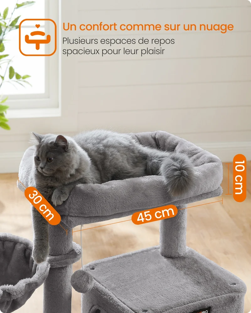 Arbre à chat avec planche à gratter hamac et grotte 48 x 48 x 96 cm en aggloméré gris clair