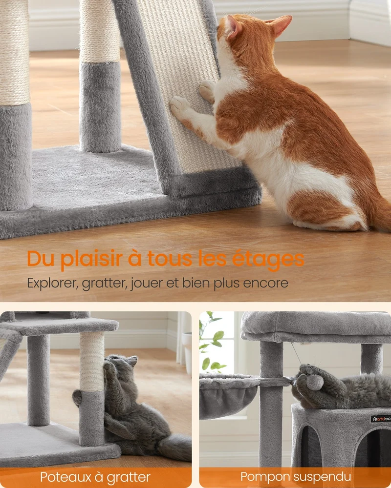 Arbre à chat avec planche à gratter hamac et grotte 48 x 48 x 96 cm en aggloméré gris clair