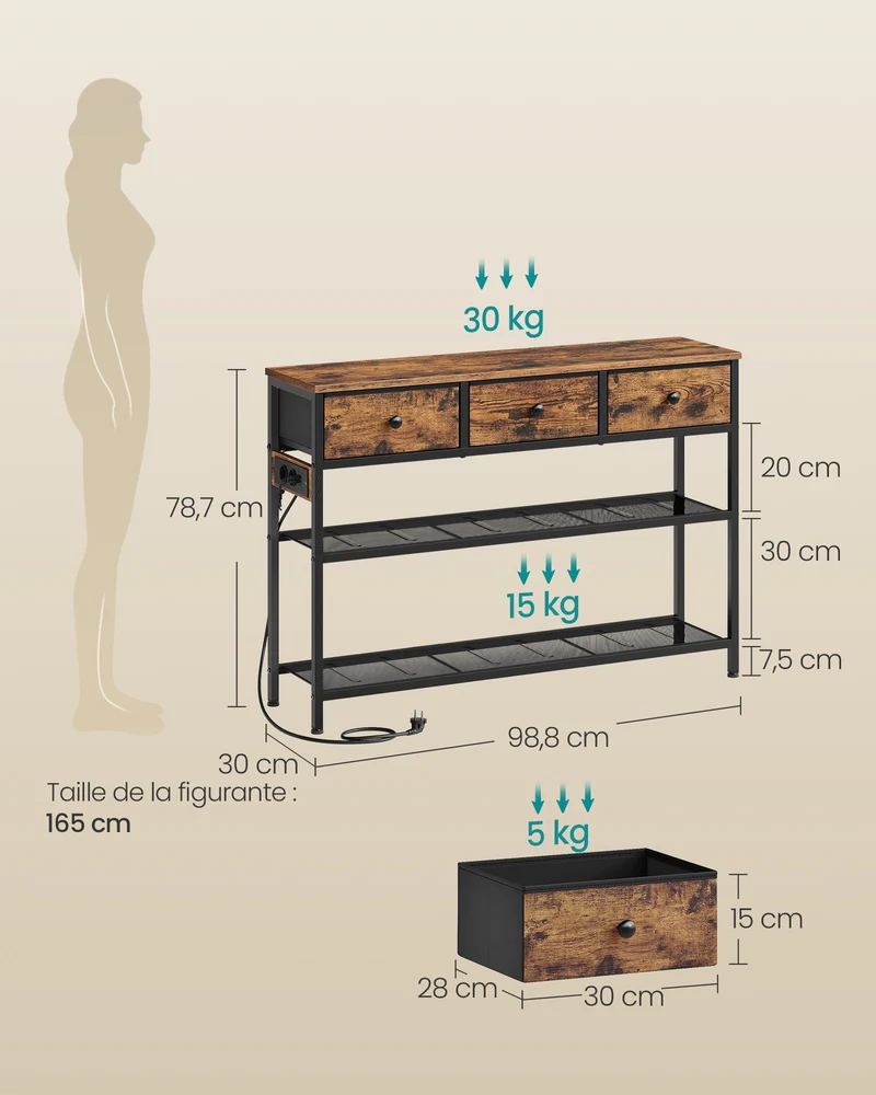 Table console moderne avec éclairage LED 98,8 x 30 x 78,7 cm 2 tiroirs style rustique en panneau d'aggloméré marron 12_0013186