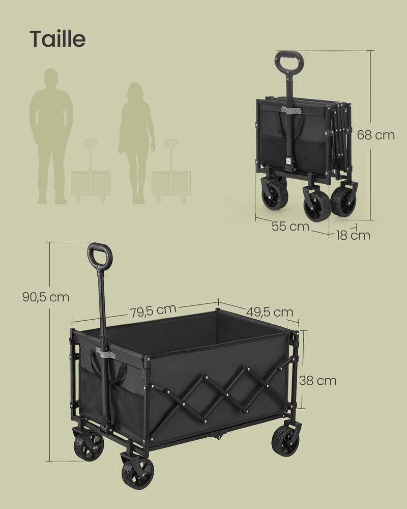 Chariot de transport pliable extérieur 49,5 x 79,5 x 90,5 cm charge 150 kg usage jardin style pratique en acier noir 12_0013053