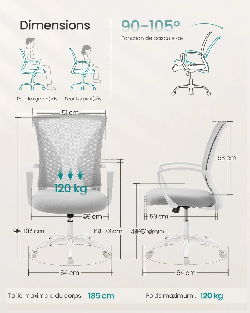 Fauteuil de bureau ergonomique réglable pivotant 64 x 64 x 104 cm confort assise respirante en polyester gris tourterelle 12_0012921