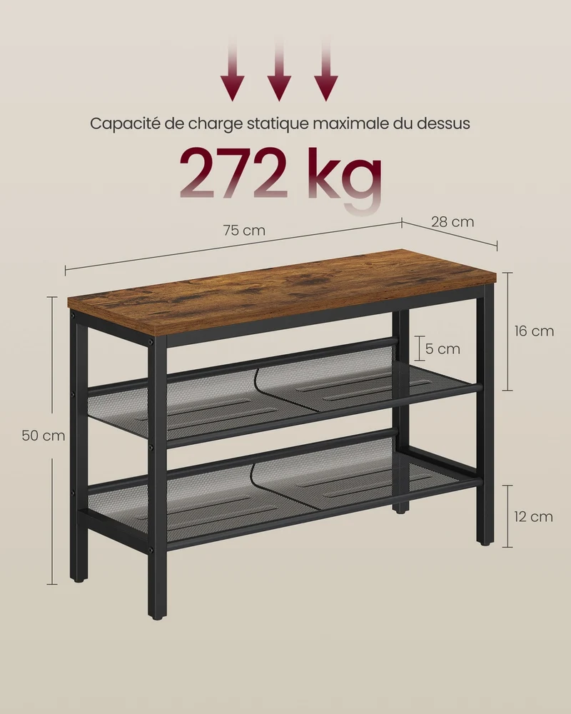Banc à chaussures sur 3 niveaux design industriel rangement pratique 28 x 75 x 50 cm en acier noir 12_0012959